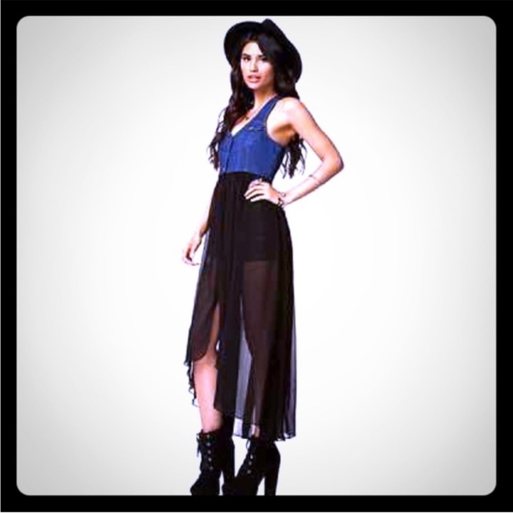 Forever 21 Western/Boho Style Denim and Black Sheer High Low Dress